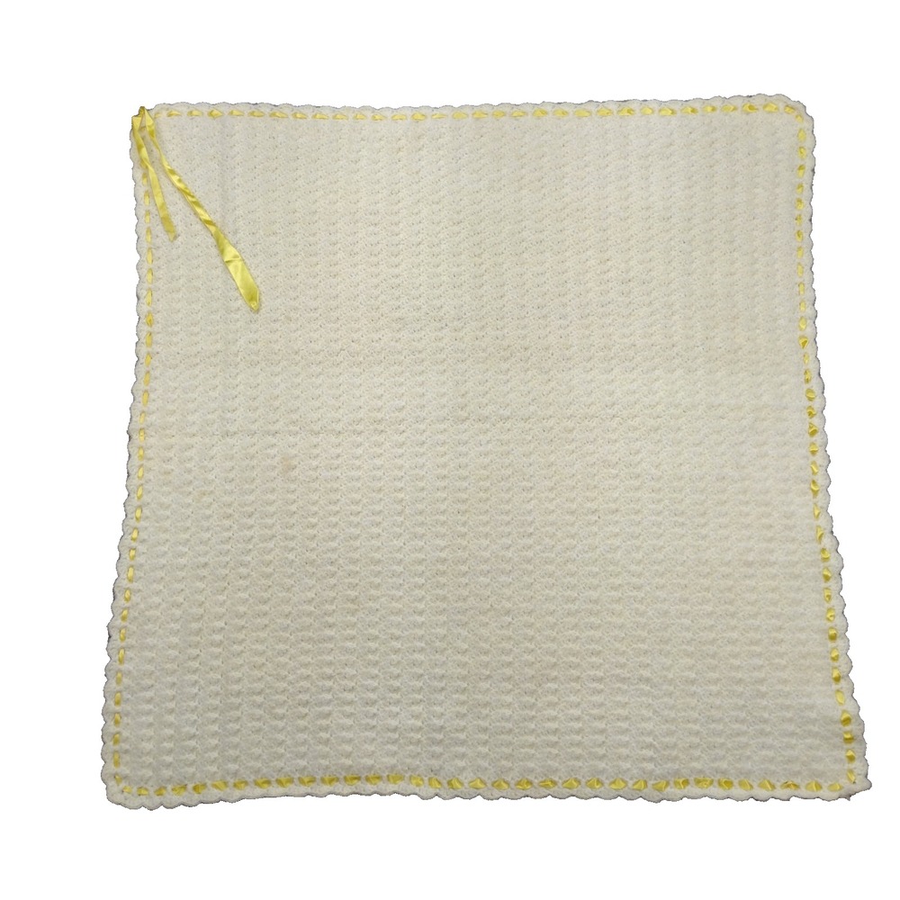 Vintage Granny Core Crochet Baby Blanket Yellow Ribbon Trim Afghan 38"x38" Sweet